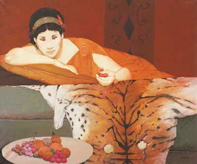 Figura di donna distesa su pelle di tigre, con frutta