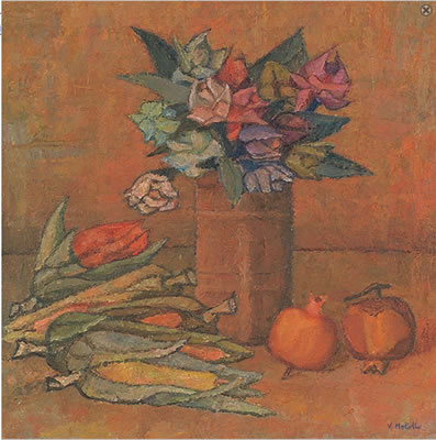 Natura morta, fiori e melograni