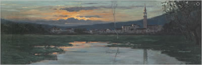 Paese sul lago al tramonto