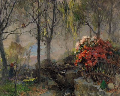 Bosco in primavera con fiori e figura