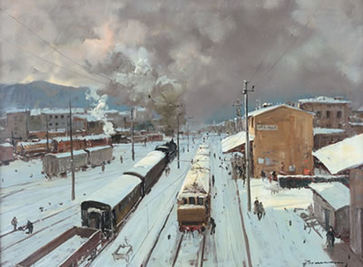 Stazione dei treni sotto la neve