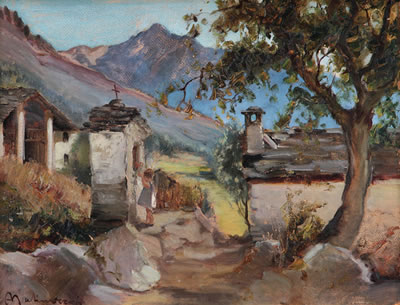 Paesaggio montano con bimba all'edicola