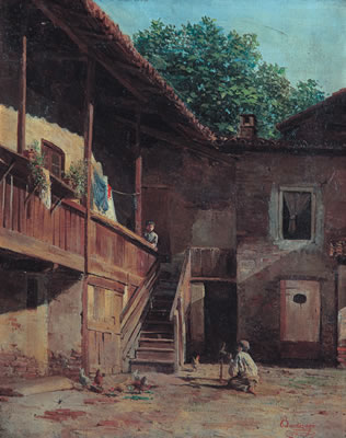 Interno di cortile con bimbo e gallinelle