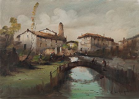 Paesaggio con figure e ponticello