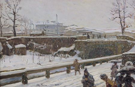 Nevicata a Milano presso il Naviglio