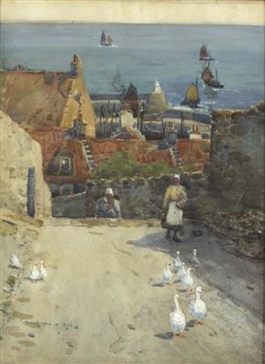 Figures and geese on a road