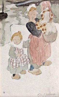 Bretonne et ses enfants au bord de la mer