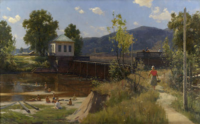 Sample artwork by Alexei Mikhailovich Gritsai (1914 - 1998), known for richly colored seasonal rural landscape painting, rolling hills, rivers, trees - View similar artists and auction records