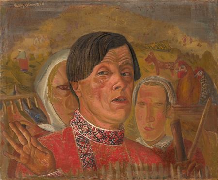 Portrait of Boris Dmitrievich Grigoriev: Self-Portrait With Hen and Rooster