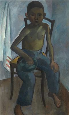 Boy with a Cap, Sitting on a Chair, double-sided composition with two oil paintings Fisherman Smoking and Wild Flowers on the reverse.