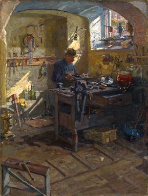 In a Samovar Shop by Arnold Lakhovsky - Auction record, sale price, and art valuation. Compare with similar artists and explore comparable artworks.