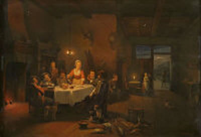 "Figures around a Table after a Days Hunt in Candlelight by a large open Fire and a moonlit view through the Door"
