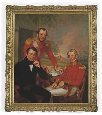 Triple portrait of Colonel Sir James Jackson, Major George Lee and Major General Brice Wakeford Lee, at a desk in a landscape with a map and a letter, an elephant beyond