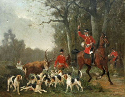 "Stag Hunt, with stag surrounded at the edge of a Wood"