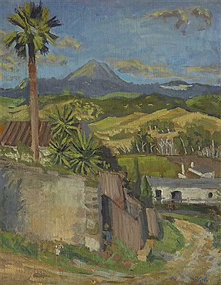 "Sambana Valley looking towards Casares",-an Extensive Landscape in Spain, with young Girl and Dog in foreground"