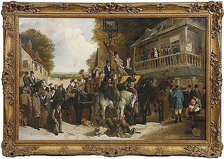 Cheering the New Mayor, depicting a crowded town square, with coach, horses, figures and other animals on a town square