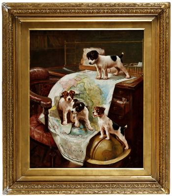 World Domination-Four Puppies in a Library over a Creased Map of the World by Edward Henry Eugene Fletcher - Auction record, sale price, and art valuation. Compare with similar artists and explore comparable artworks.