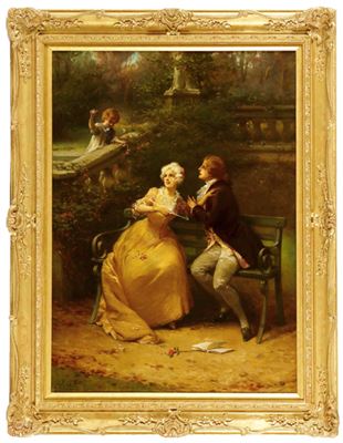 Elegant Figures Seated on a Garden Bench with Young Child Throwing a Ball
