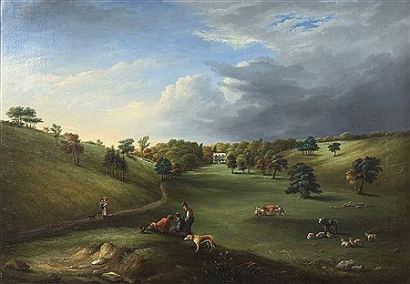 View of an o ld Country House, with Cattle and Sheep g razing in Park l and and Figures Resting in Foreground