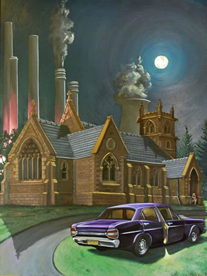 Moonlit Urban Scene with Purple Ford Falcon