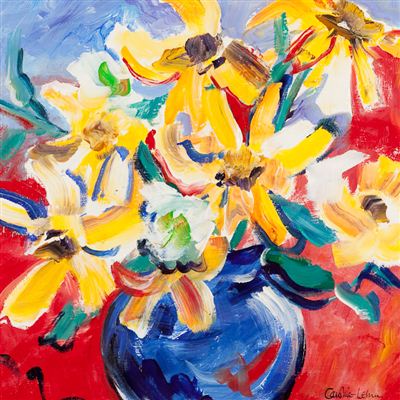 SUNFLOWERS ON RED by Caroline Leburn - Auction record, sale price, and art valuation. Compare with similar artists and explore comparable artworks.