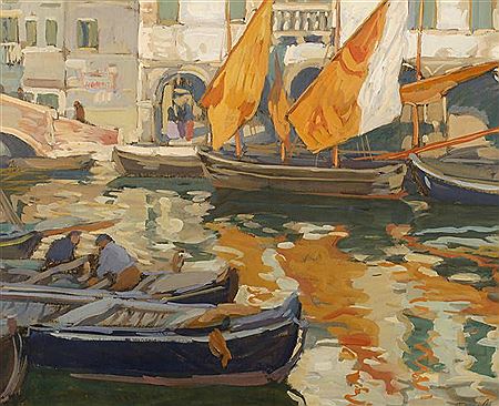 Boote in Venedig venezianische Kanalszene mit Gondeln und Segelbooten vor Stadtkulisse mit Brücke by Otto Weil - Auction record, sale price, and art valuation. Compare with similar artists and explore comparable artworks.
