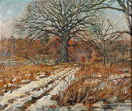 Vorfrühlingslandschaft sonnige Waldlichtung mit letzten Schneeresten, pastose, impressionistische Landschaftsmalerei mit charaktervollem Pinselduktus