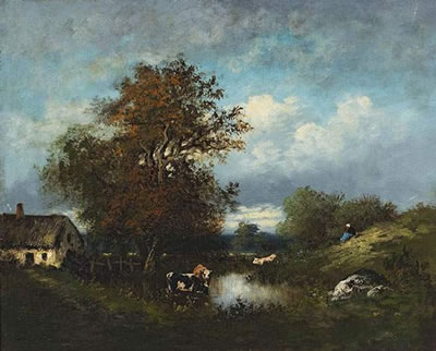 Cows drinking from a wtering hole in the forest of Fontainebleau