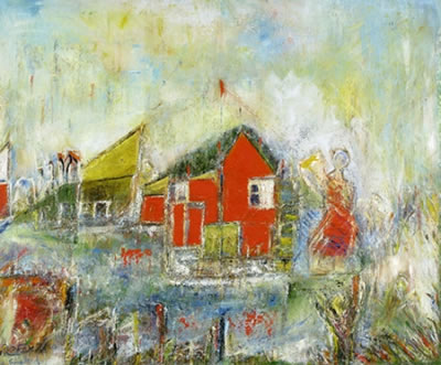 Woman next to a Red House