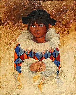 Portrait of Brian Shields: Self portrait, half length in harlequin costume, in the manner of Picasso
