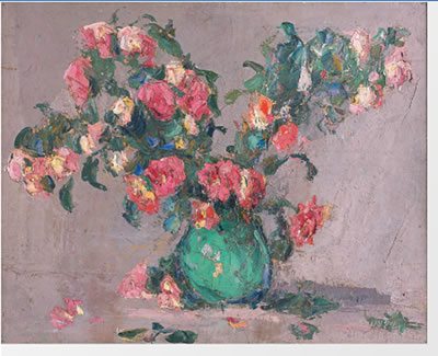 Bouquet de roses dans un vase vert, au dos, Portrait de femme
