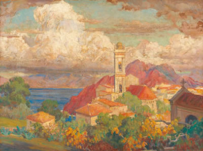 Vue du village de Piana et du clocher de l'église Sainte Marie en Corse