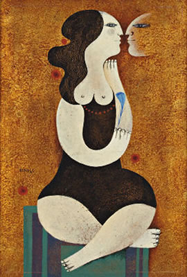 Femme assise de profil sur fond doré