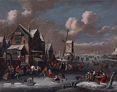 Scène de patinage dans un village flamand