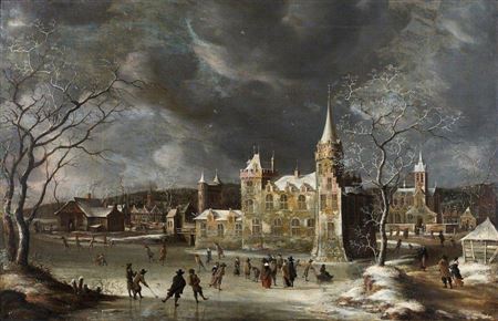 Patineurs devant le Château de Buren sous la Neige
