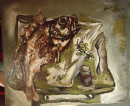 Composition au poisson, raisins et fourchette by Alain Mongrenier - Auction record, sale price, and art valuation. Compare with similar artists and explore comparable artworks.