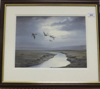 "A flock of geese over a moonlit river landscape"
