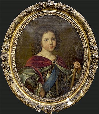 "Louis of France Le Grand Dauphin", a study of the young prince in armour and red cloak lined with blue, with lace collar and cuffs, bearing the riband of the St. Esprit, holding a baton in his right hand, portrait study, half length