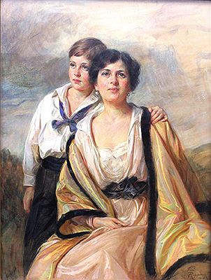 "Mother with son at her side", three quarter length portrait study