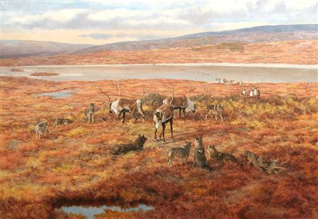 Caribou with Wolves by Tom Beecham - Auction record, sale price, and art valuation. Compare with similar artists and explore comparable artworks.