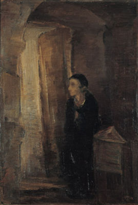 Interior, synagogue with a young boy