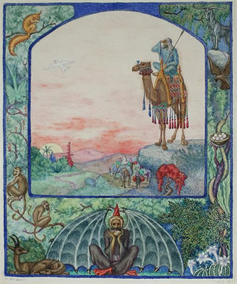 And he followed Benayahu handcuffed.. and they went up to Jerusalem', c 1920. Illustration for 'Solomon and Ashmedai' by H. N. Bialik. (Rare)