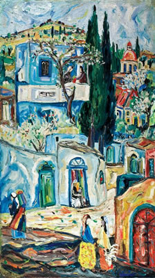 Sample artwork by Amos Yaskil (Born 1935), known for naive sophisticated fauve landscape and townscape painting - View similar artists and auction records
