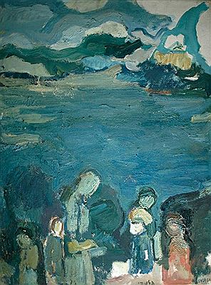 Figures by a lake