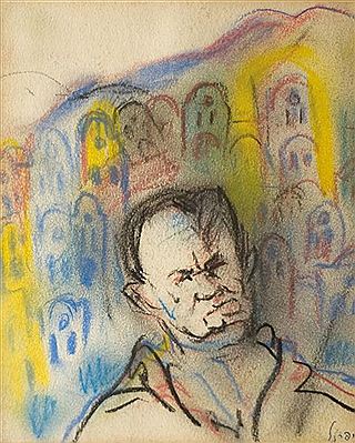 Portrait of Yitzhak Frenkel-Frenel: Self portrait in Safed landscape