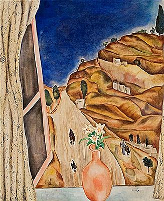 Landscape through an open window