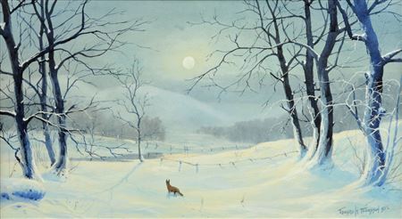 Fox in moonlight with trees, fence and mountains