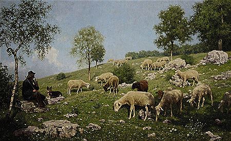 Shepherd with flock on sunny meadow