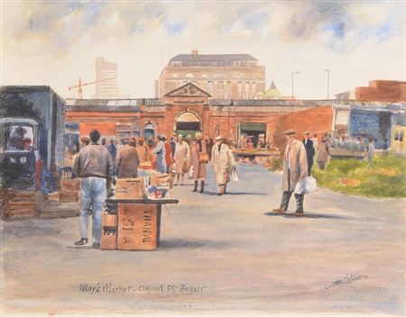 "May's Market, Oxford St., Belfast" by Joe O'Kane - Auction record, sale price, and art valuation. Compare with similar artists and explore comparable artworks.