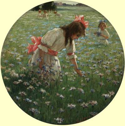 Young Girls Picking Wildflowers
